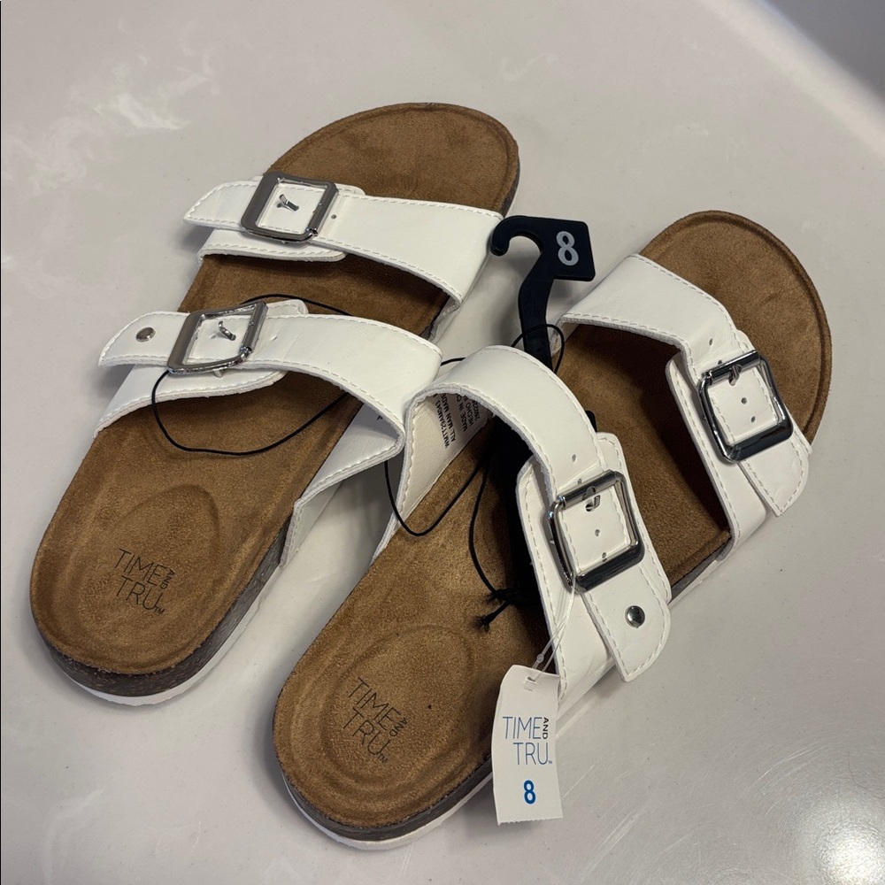 Time and Tru NWT Women’s White Double Buckle Slide Sandals - Picture 2 of 4